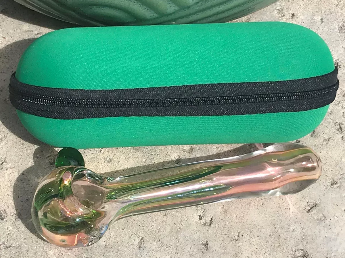 5" Thick Glass Best Fumed Glass Spoon Pipe Zipper Padded Hard Case - Pinky Green