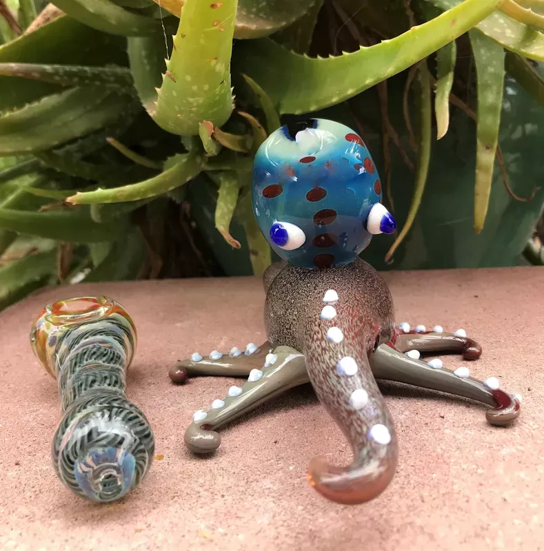 Collectible 7" Thick Glass Handmade Octopus & 3.5" Glass Fumed Glass Spoon Pipe
