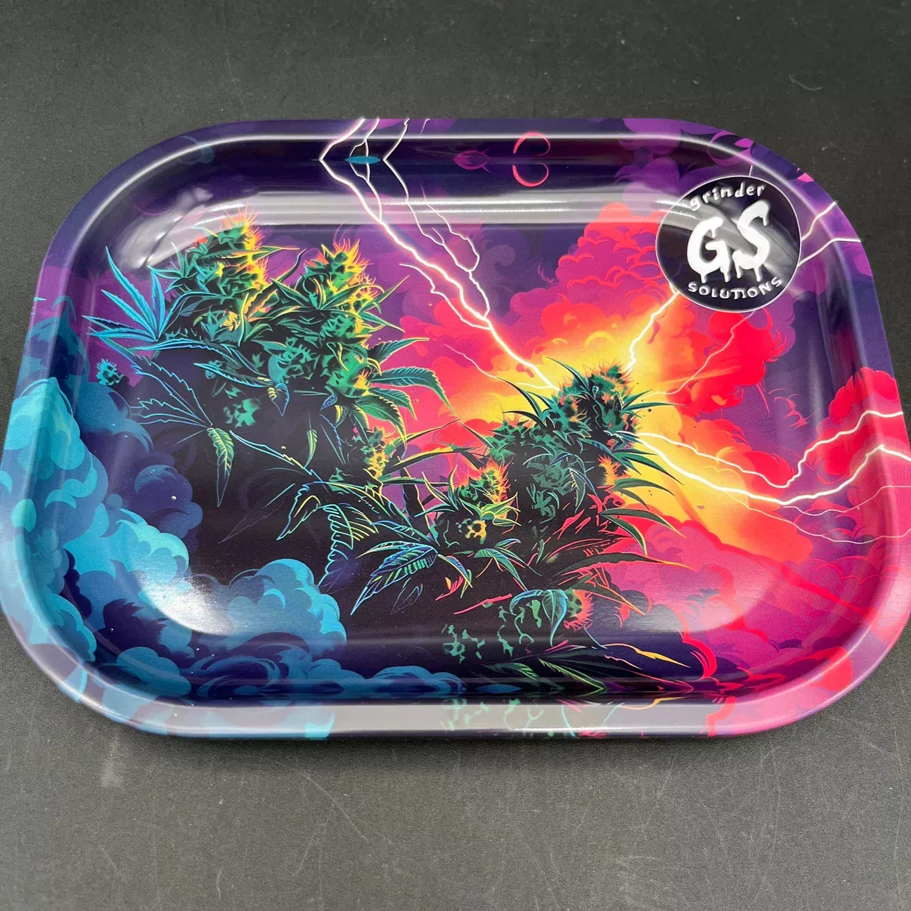 "LIGHTNING STRIKES" GRINDER SOLUTIONS ROLLING TRAY - 7"X5.5"