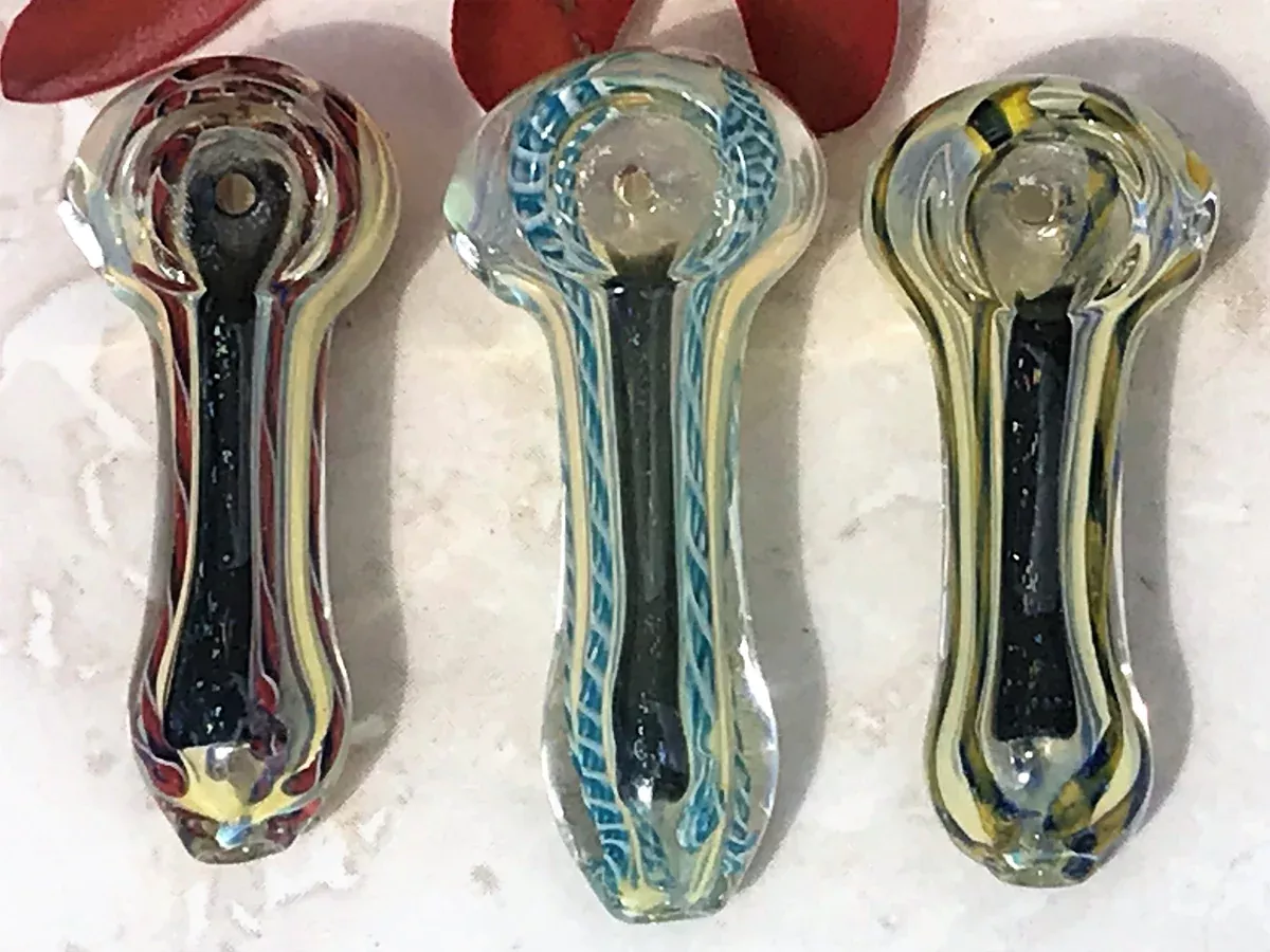 New 3" Fumed Dicro Stripe Glass Handmade Spoon Pipe - Assorted Colors(3 Pack)