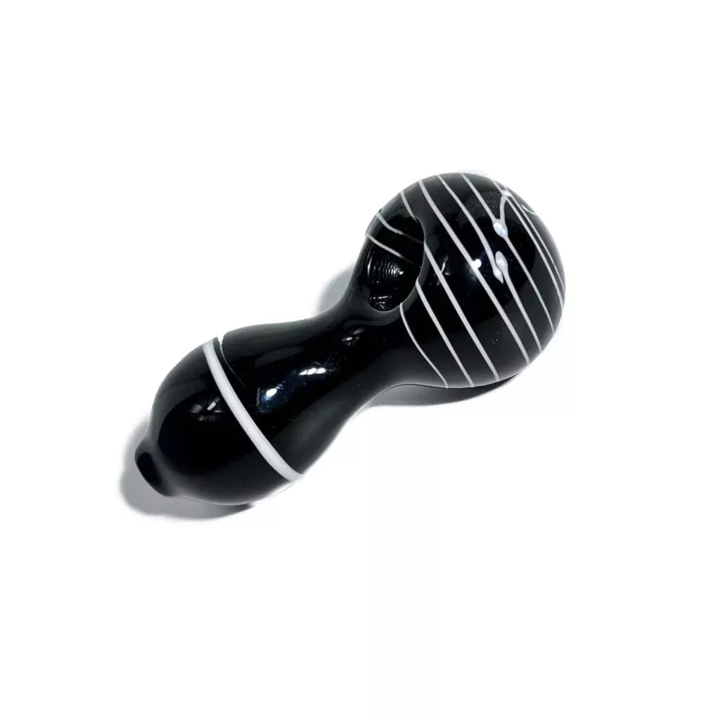 Solid Black Spoon Pipe with White Stripes and Twisted Handle