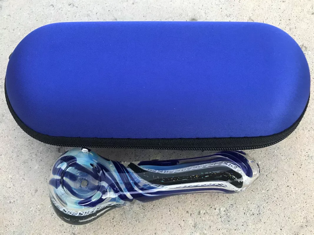 Thick Glass 4" Dicro Fumed Glass Spoon Hand Pipe w/Zipper Padded Case - Blue